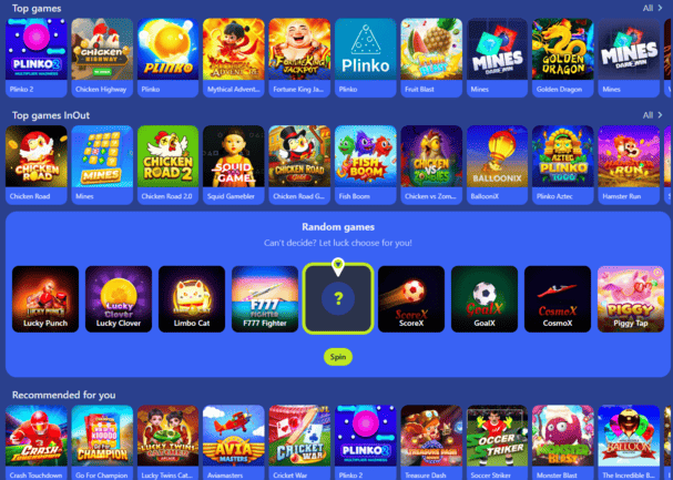 Casino instant games section with fast rounds, quick results and built-in risk control options